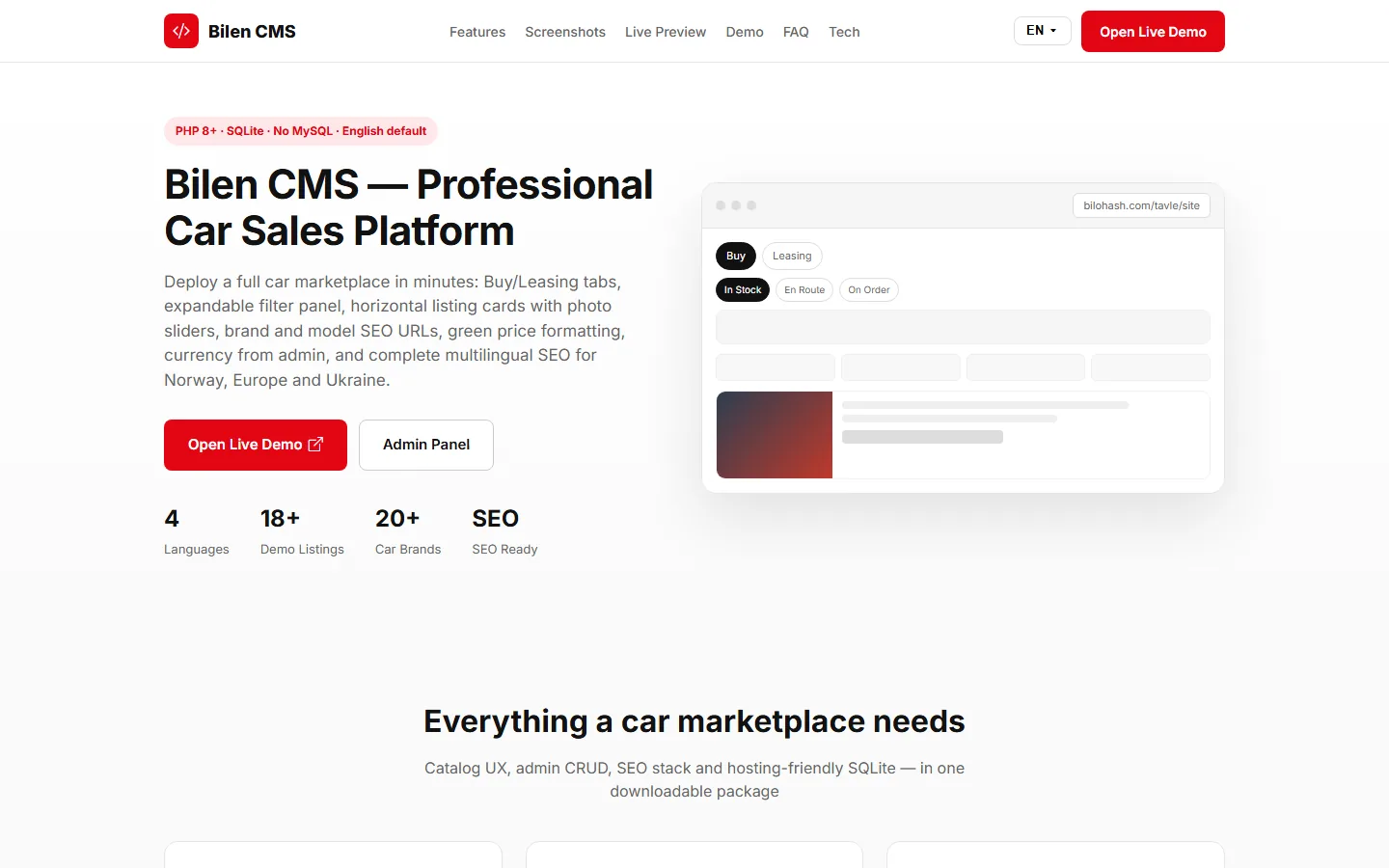 Bilen CMS — PHP Car Marketplace Script for Dealers, Buy & Lease